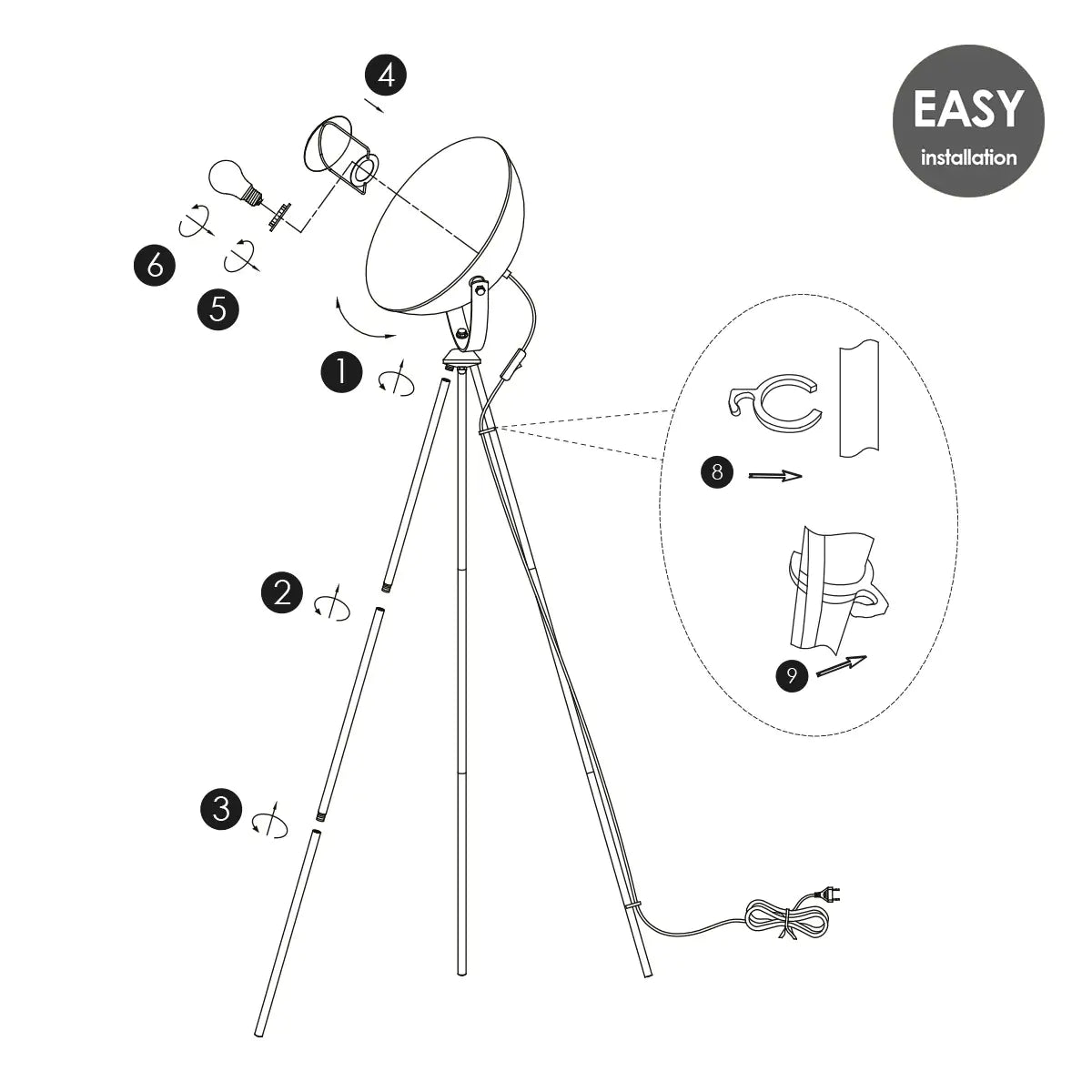 Klassieke vloerlamp Letal - Metalen Staande Lamp met Lampenkap - Zwart/goud - 66/66/148 cm