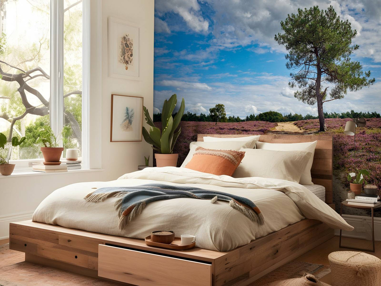 Fotobehang - Boom in heidegebied