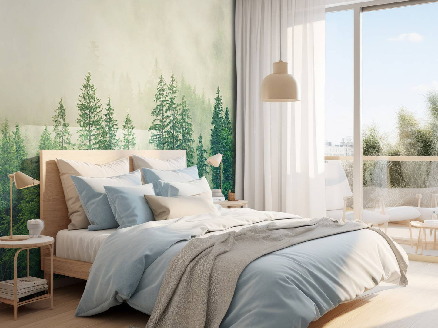 Fotobehang - Dennenbomen in de mist