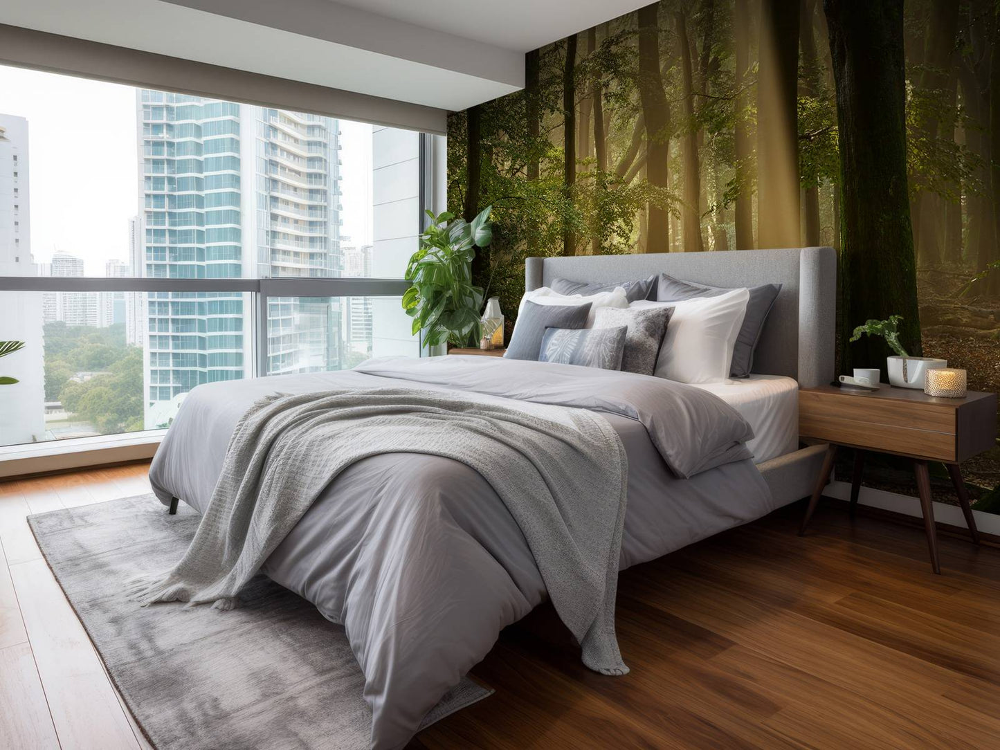 Fotobehang - Oud bos met zonneharpen