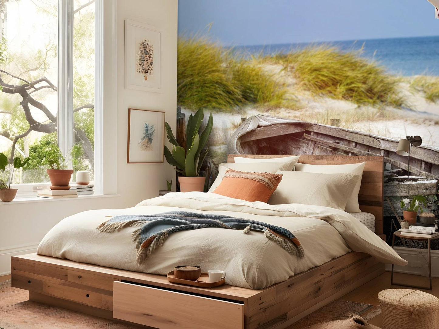 Fotobehang - Oude vissersboot, meeuwen, strand en zee