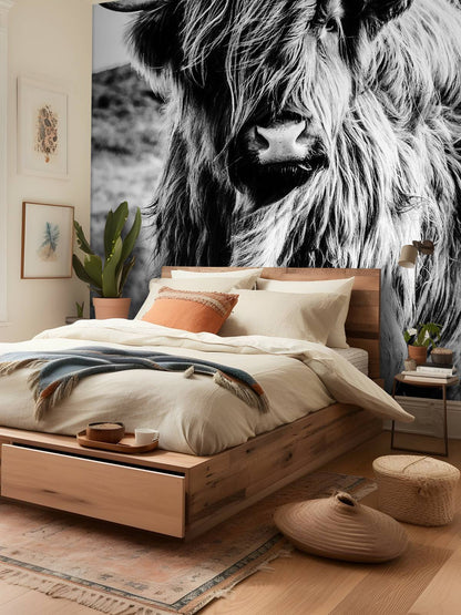 Fotobehang - Schotse hooglander in zwart-wit