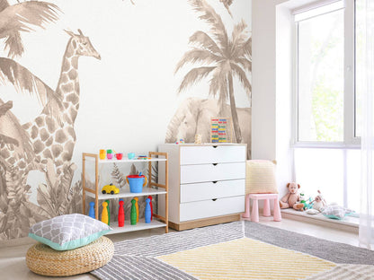 Fotobehang - Verschillende jungle dieren in taupe