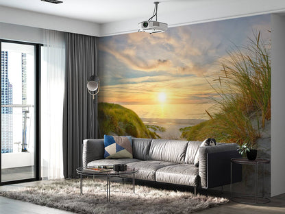 Fotobehang - Zonsondergang aan duinstrand