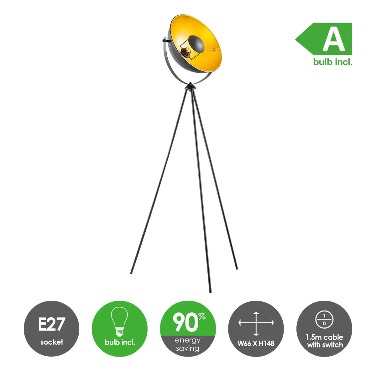 Klassieke vloerlamp Letal - Metalen Staande Lamp met Lampenkap - Zwart/goud - 66/66/148 cm