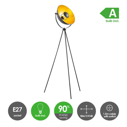 Klassieke vloerlamp Letal - Metalen Staande Lamp met Lampenkap - Zwart/goud - 66/66/148 cm